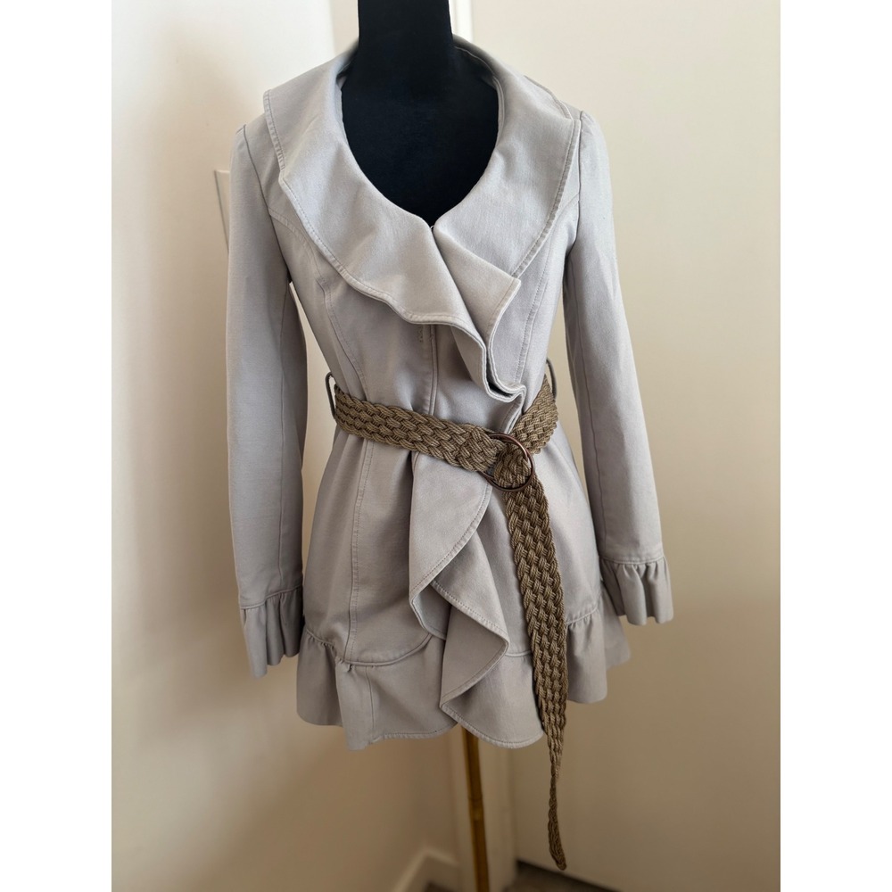 Light Gray Ruffle Collar Belted Trench Coat Women's